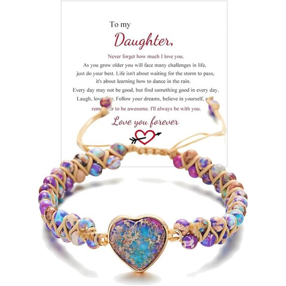 Mother to Daughter Inspirational Purple Jasper Heart Beaded Adjustable Bracelets - Picture 1 of 7